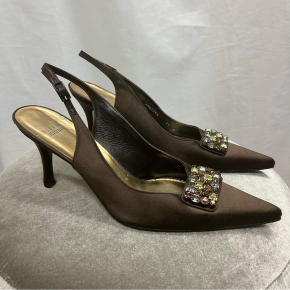 Stuart Weitzman brown satin sling back low heel gem jewelled buckle formal Sz 11 - Picture 3 of 13